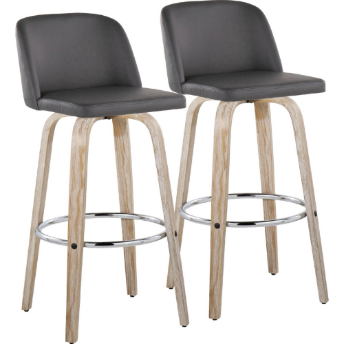 Toriano 30" Swivel Bar Stool in White Washed Wood & Grey Leatherette w/ Chrome Footrest (Set of 2)